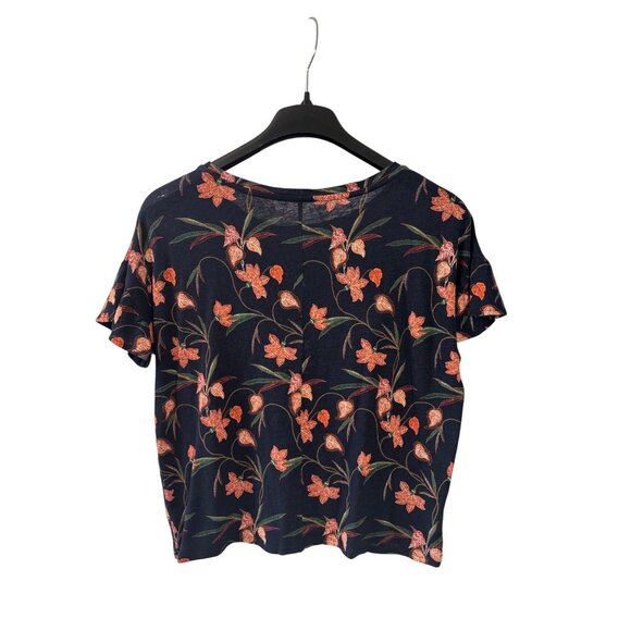 Loft Linen Floral Short Sleeve Top Size S Navy Orange Green White Boxy Boho - Picture 2 of 3